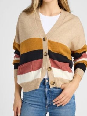 Vigoss Beige Multi-Stripe V-Neck Button Cardigan